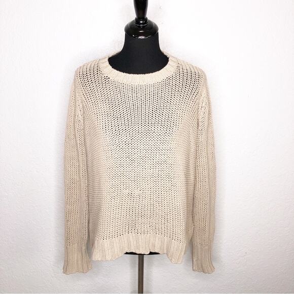 Wooden Ships tan crochet knit ribbed trim sweater size Medium / Large M/L - Picture 1 of 12